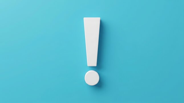 White exclamation mark symbol sign on blue background flat design clean graphic minimalist simple icon punctuation marks important notice warning alert.