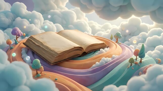 Open book on colorful rainbow cloud fantasy landscape.