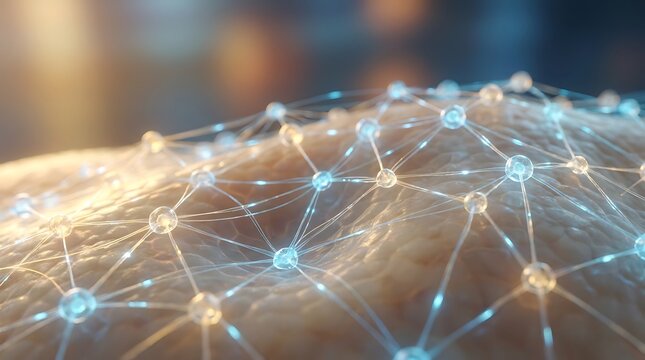 Close-up of textured surface with glowing interconnected network of nodes and lines representing technology and data science.