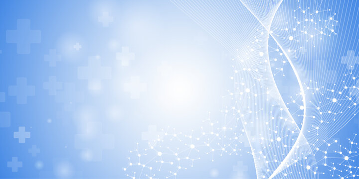 Abstract science background with molecular chains and wave lines on blue gradient for medical technology presentation.
