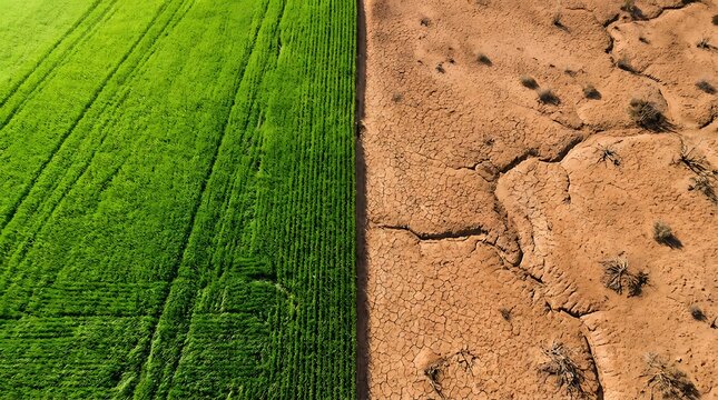 Contrast between lush green agricultural field and arid dry cracked earth representing drought climate change and environmental challenges showing fertile land versus barren desert.