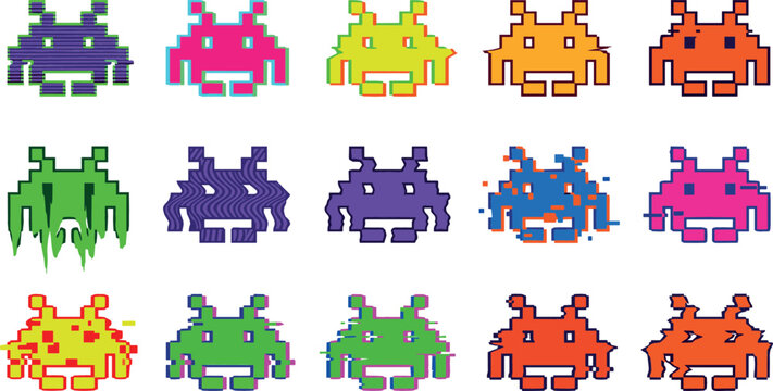 Retro pixel art space invaders vector set with glitch effects chromatic aberration and distorted arcade video game alien monster characters