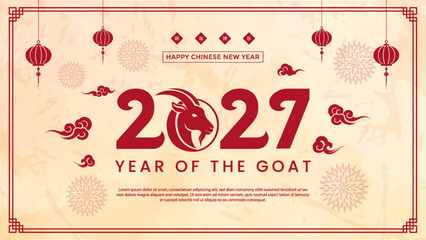 Naklejka premium 2027 Chinese New Year of the Goat Banner with Lanterns and Clouds