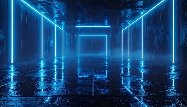 Dark futuristic room after rainfall with reflective wet floor and glowing blue neon frames