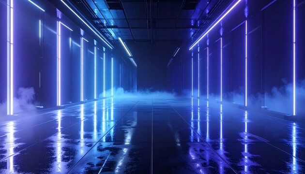 Dark sci-fi room illuminated by blue and violet neon gradients with reflective floor, atmospheric interior