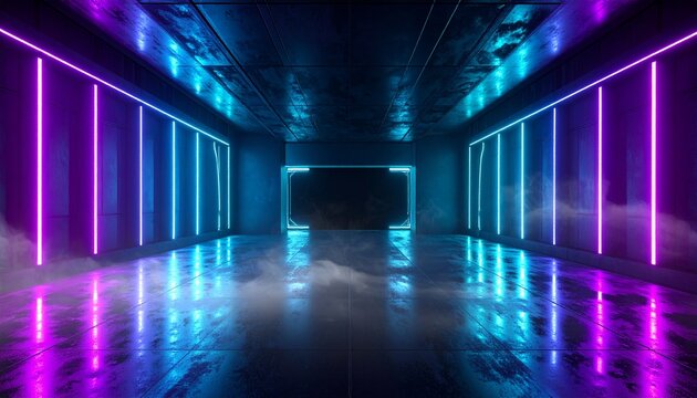 Dark sci-fi room illuminated by blue and violet neon gradients with reflective floor, atmospheric interior