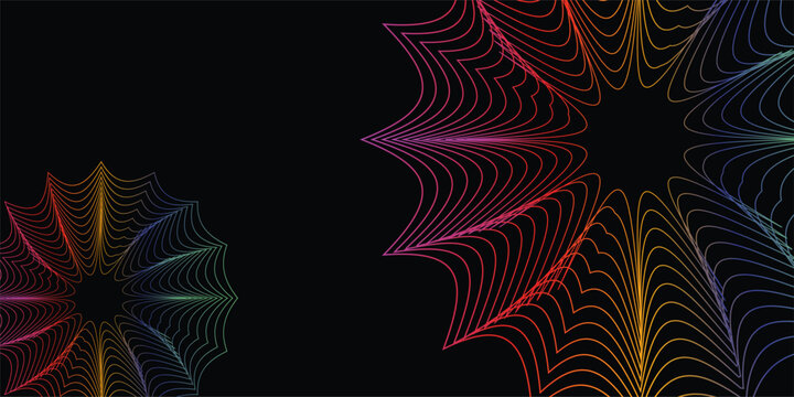 Fluid circular frame with multicolored wavy contours. Wavy concentric circles with rainbow gradient  on a black background. Design element. Vector illustration