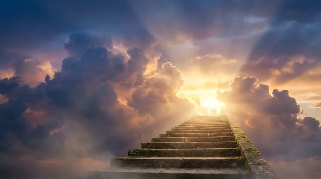Stairway to heaven leading through soft white clouds towards bright golden sunlight beams piercing through sky with rays of light illuminating path forward.