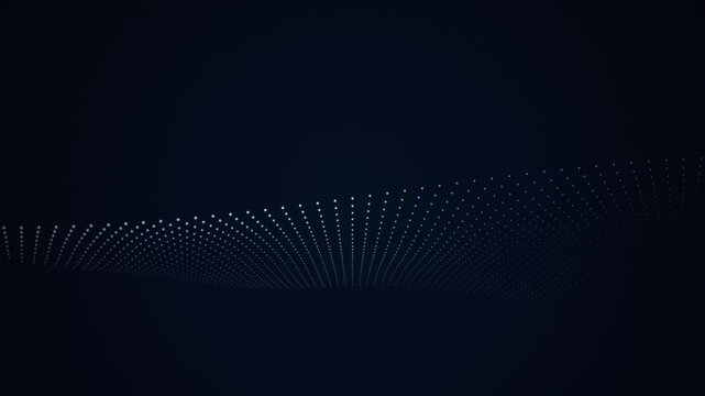 Abstract wave of blue and white glowing dots on a dark background, data stream visualization, technology backdrop