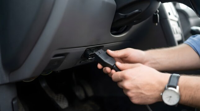Mechanic hands connecting diagnostic scanner tool cable into car dashboard port for vehicle repair inspection