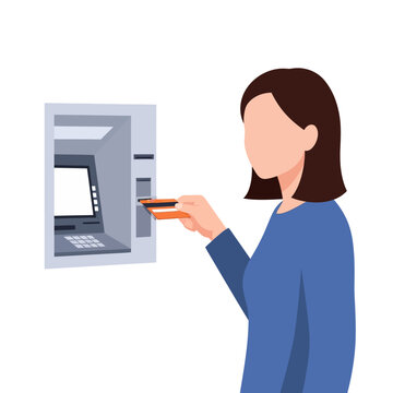 Close-up perspective of a human hand inserting a plastic credit card into a card reader slot for a financial transaction, banking service, or secure electronic payment process.