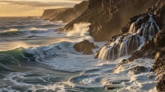 Powerful Ocean Waves Crashing Against Rugged Coastal Cliffs at Golden Hour