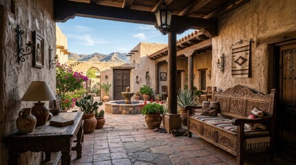 Fototapeta premium Exquisite open air courtyard terrace inside a rustic luxury country estate hotel with stone masonry walls architecture
