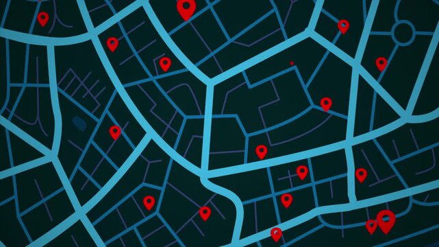 4K UHD Animated city map with location pins and navigation routes. Modern GPS tracking concept for smart city