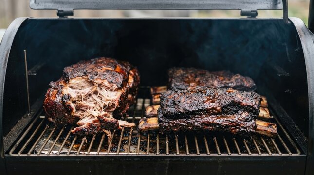 Thanksgiving smoked meat feast pulled pork and ribs cooking on a black smoker grill for holiday dinner