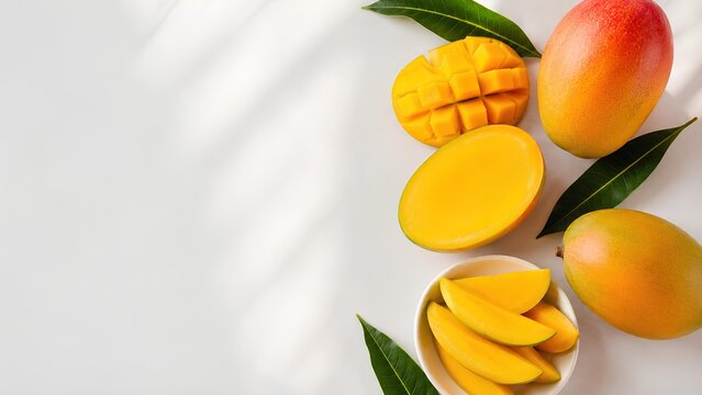 白いテーブルに並べられたカットマンゴーと葉 / Sliced mangoes and leaves on a white table (Generative AI)