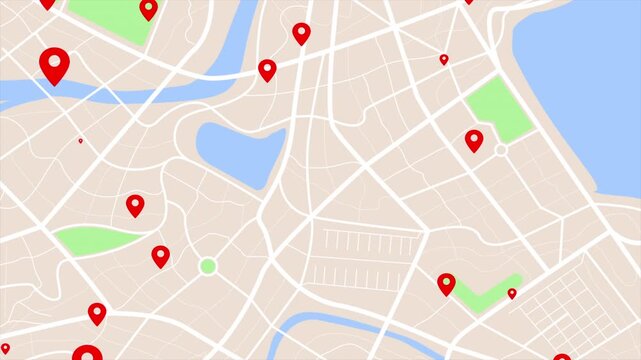 4K UHD Animated city map with location pins and navigation routes. Modern GPS tracking concept for smart city