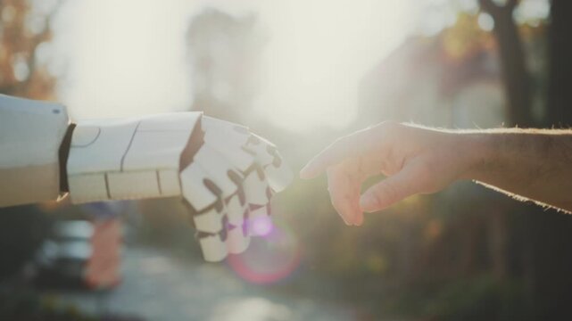 Robot greets human, Mechanical hand gently interacts with human finger amidst autumn background and warm lighting