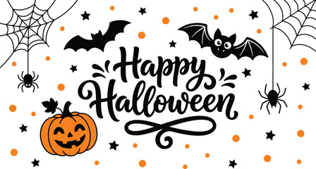 Happy halloween greeting with pumpkin bats and spiders Vector © Shipu