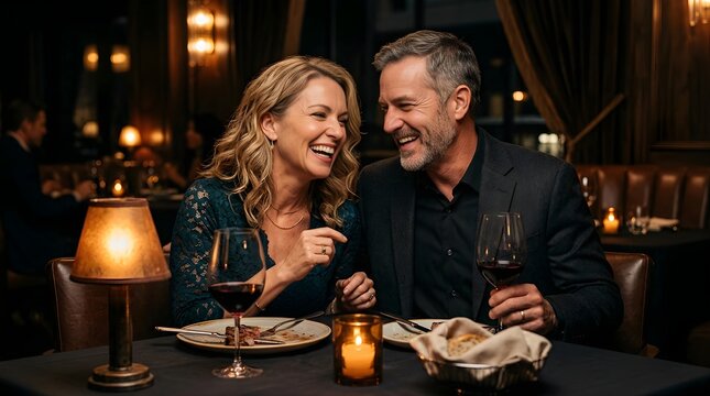 Happy couple laughing together during a romantic candlelit dinner date