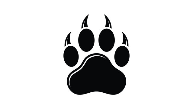 Black silhouette illustration of animal paw print with four rounded toe pads and central pad featuring claw marks isolated on white background minimal vector design for wildlife themes