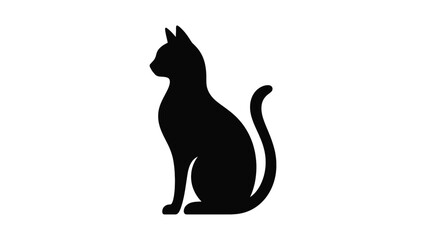 Black silhouette illustration of cat sitting upright with curved tail and pointed ears isolated on white background, minimal vector design symbolizing feline elegance and mystery © Clipzax