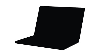 Black silhouette illustration of open laptop computer with upright screen and flat keyboard base isolated on white background, minimal vector design symbolizing digital technology © Clipzax