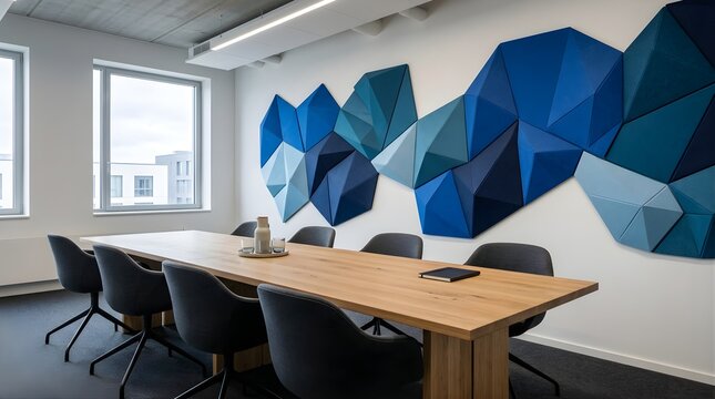 Modern office meeting room with wooden table and geometric wall art