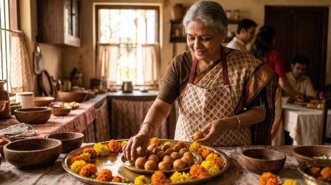 Indian Grandmother Plating Homemade Sweets for India's Independence Day Celebration