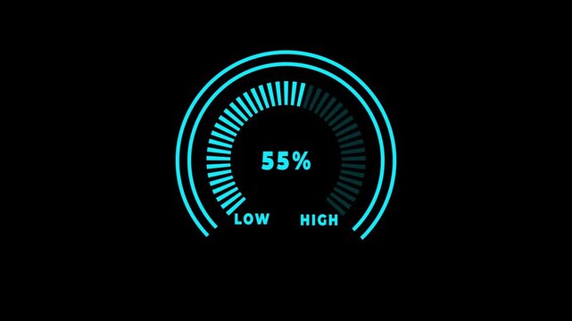 Glowing digital gauges move from high overload to safe low levels, presentation template, moving colorful needle, indicator, warning, risk assessment icon from 0 to 100%. tension indicator icon