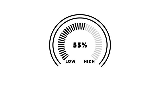Glowing digital gauges move from high overload to safe low levels, presentation template, moving colorful needle, indicator, warning, risk assessment icon from 0 to 100%. tension indicator icon