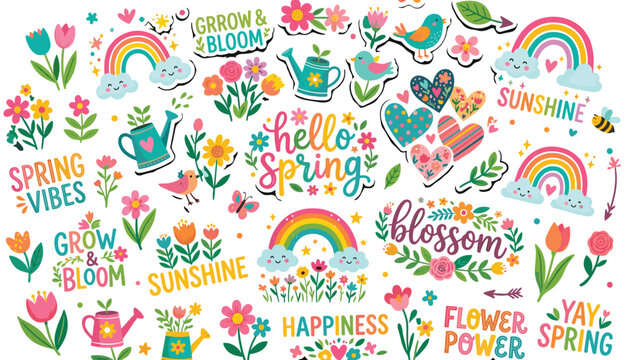 Cute Hand Drawn Hello Spring Sticker Set with Colorful Flowers Rainbows Watering Cans Birds and Inspirational Quotes for Seasonal Greeting Card Designs