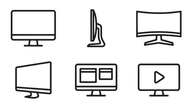 Computer monitor and display screen icon set for desktop computing with computer technology electronic hardware business workstation interface monochrome collection software information