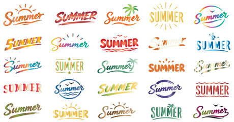 Retro summer typography collection, 25 colorful hand-lettered seasonal logos, vintage beach vacation emblems, tropical holiday vector set © preety