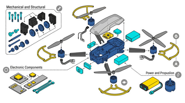 Isometric exploded view diagram of a quadcopter drone showing internal mechanical and electronic components. EPS Editable. Vector Illustrations.