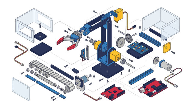 Isometric exploded view diagram of a robotic arm assembly kit with electronic components and conveyor belt. EPS Editable. Vector Illustrations.