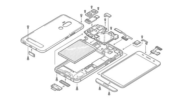 Isometric exploded view diagram of a smartphone showing internal components. EPS Editable. Vector Illustrations.