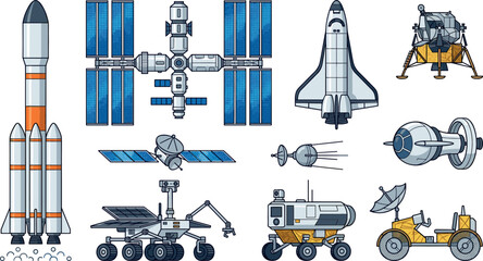 Space exploration vector technology set featuring rocket shuttle space station satellite lunar lander and mars rovers isolated on white background. © MdShakib
