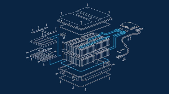 Isometric exploded view diagram of electric vehicle battery pack assembly. EPS Editable. Vector Illustrations.