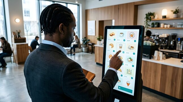 Professional man using digital self-service kiosk to order food in cafe