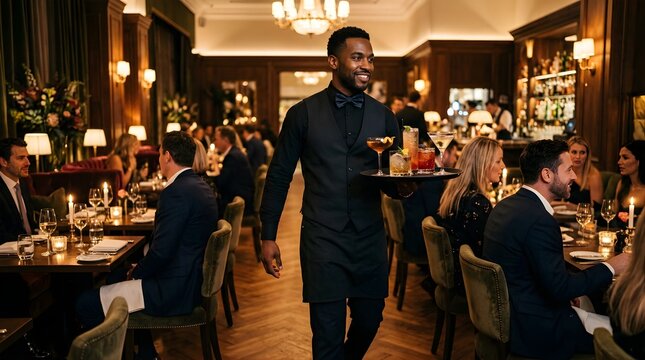 Professional waiter serving cocktails to guests in a luxury restaurant