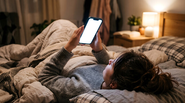 Woman using phone with white display mockup lying on bed in dimly lit room. Calm home setting, perfect for app or mobile service mockups.