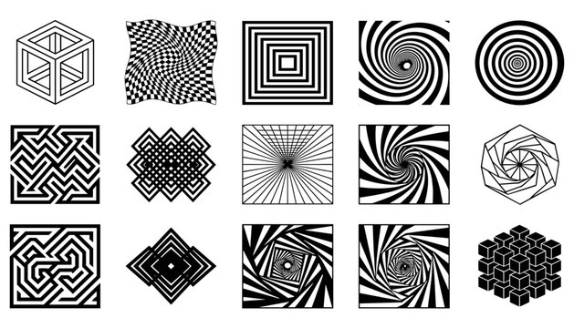 Geometric Optical Illusion Patterns Set with Black and White Designs Featuring Design, Abstract, Shapes with Symmetry and Spiral
