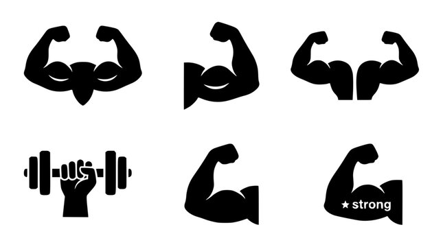 Biceps flex silhouette collection with dumbbell for fitness and strength concept vector