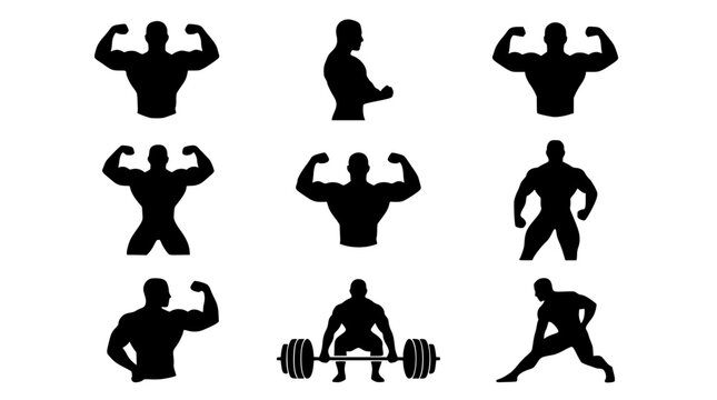 Bodybuilder silhouettes flexing muscles and lifting weights in clean vector style