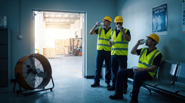 Factory Employees Taking Break for Hydration During Heatwave Safety Initiative