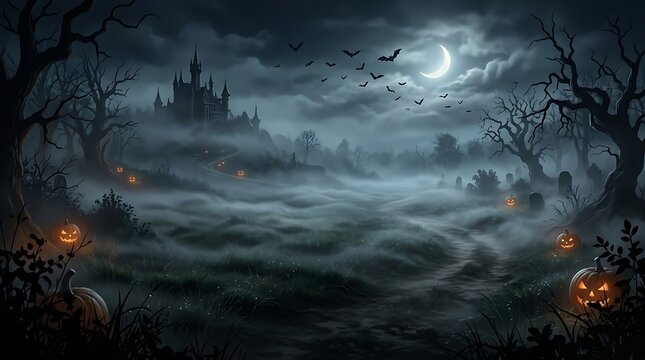 Haunted castle under full moon in misty forest. Gothic fantasy scene with eerie fog and medieval architecture. Dark atmospheric landscape for Hallo...