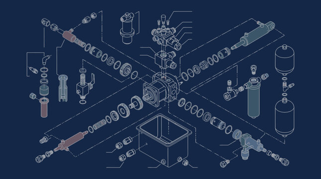 Technical blueprint of mechanical assembly exploded view diagram on blue background. EPS Editable. Vector Illustrations.