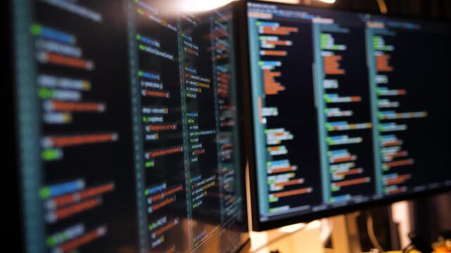 Close up computer monitors displaying fictional programming code and software development interface, technology workspace concept
