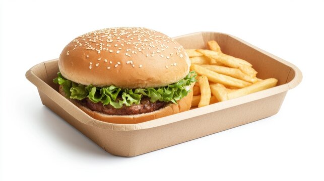 Delicious hamburger and french fries in a cardboard tray, isolated on white background.